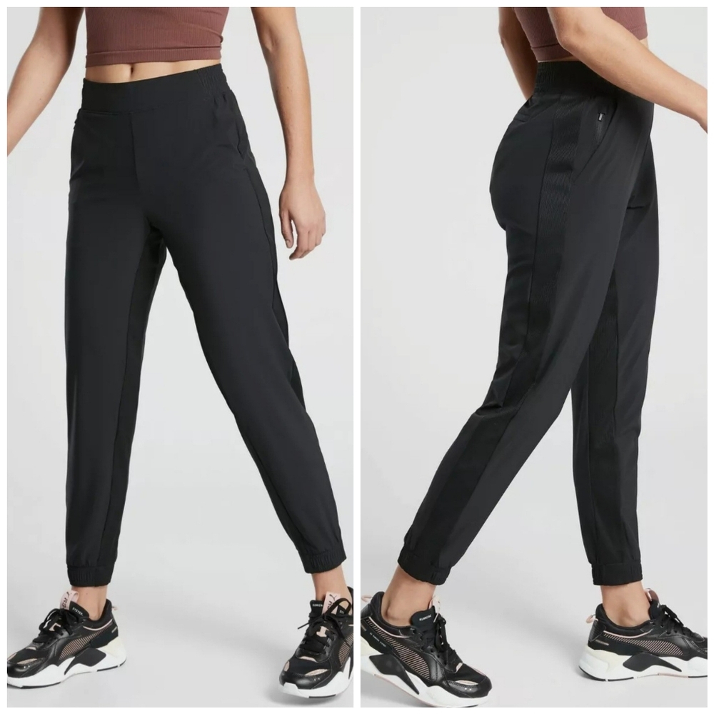 Athleta Black Track Pants with High-Rise Waistband and Tapered Fit